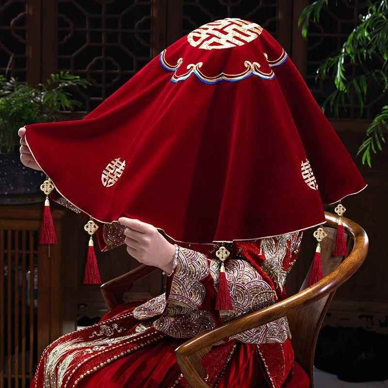 新娘红盖头结婚头纱中式刺绣禾服红盖头新娘出嫁高端结婚红盖头