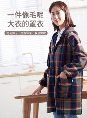 高颜值摇粒绒罩衣女新款冬季加绒加厚小个子珊瑚绒防脏工作服围裙