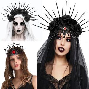 Lady Spider Queen Crown Gothic Black Rose Veil Headband Cosp