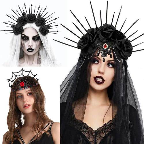 Lady Spider Queen Crown Gothic Black Rose Veil Headband Cosp