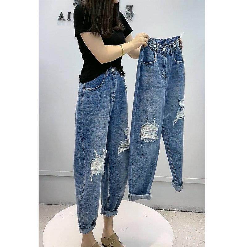 破洞牛仔裤女2025夏季新款高腰宽松大码乞丐裤薄款九分哈伦老爹裤