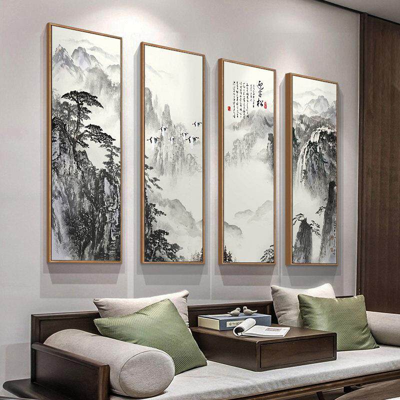 聚财山水画 画新中式中堂客厅背景墙装饰画 画茶室挂画 画四联画