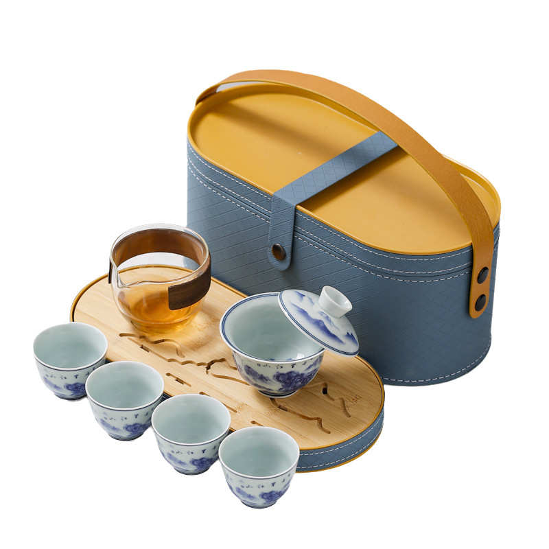 青花旅行便携式功夫茶具套装整套陶瓷盖碗商务公司送客户礼品logo