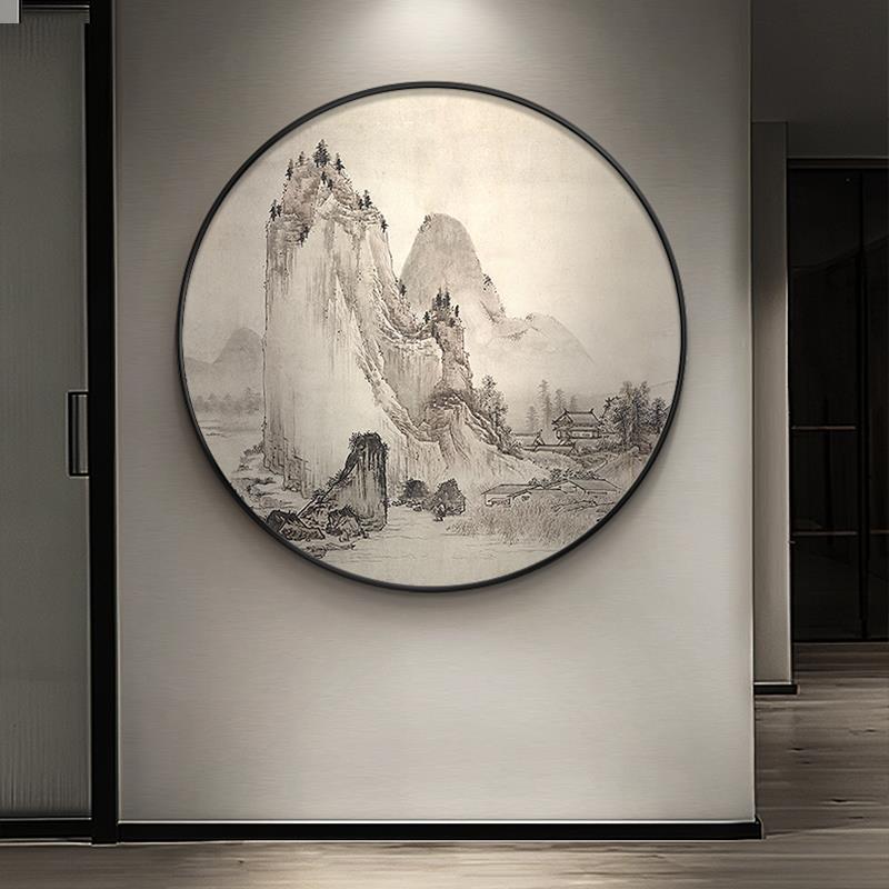 圆形山水装饰画 画新中式饭厅背景墙风景挂画 画茶室水墨画 画玄