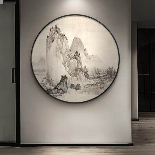 圆形山水装饰画 画新中式饭厅背景墙风景挂画 画茶室水墨画 画玄
