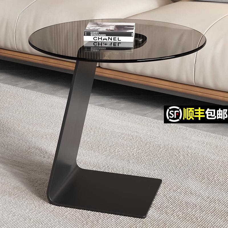 钢化玻璃茶几客厅沙发意式边几轻奢现代简约高级极简圆桌创意角几