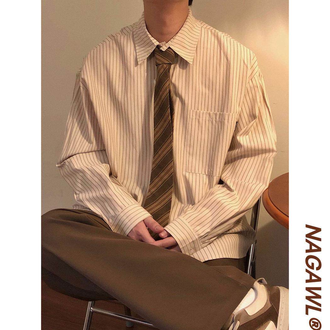 NAGAWL2026秋季宽松美式覆古条纹日系长袖衬衫外套男女百搭上衣潮
