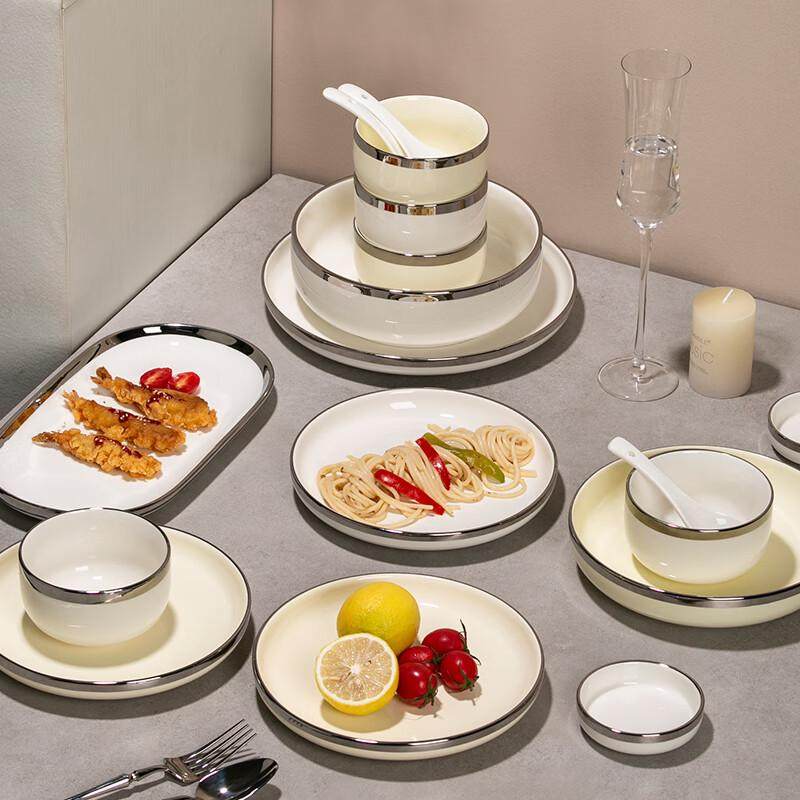 碗碟套装北欧风奶油轻奢银边家用餐具整套碗套装米饭碗盘子筷组合,餐饮具,盘,淘宝优惠券,粉丝福利购,淘宝优惠卷