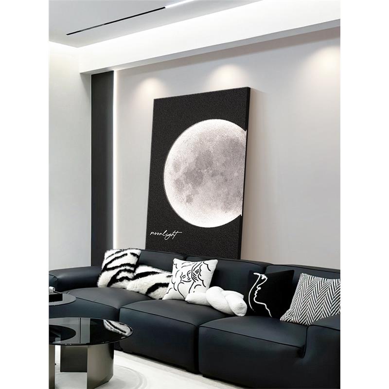 黑白简约月球客厅装饰画 画壁灯沙发背景墙挂画 画高级月亮砂岩落