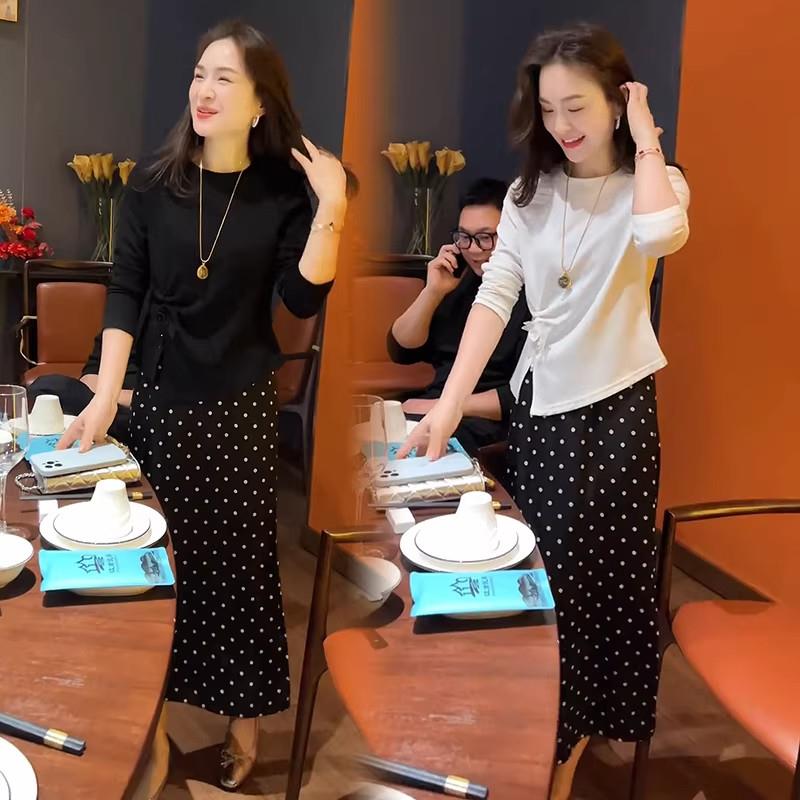 香港代购时尚套装裙女春季新款设计感长袖T恤波点半身裙两件套潮