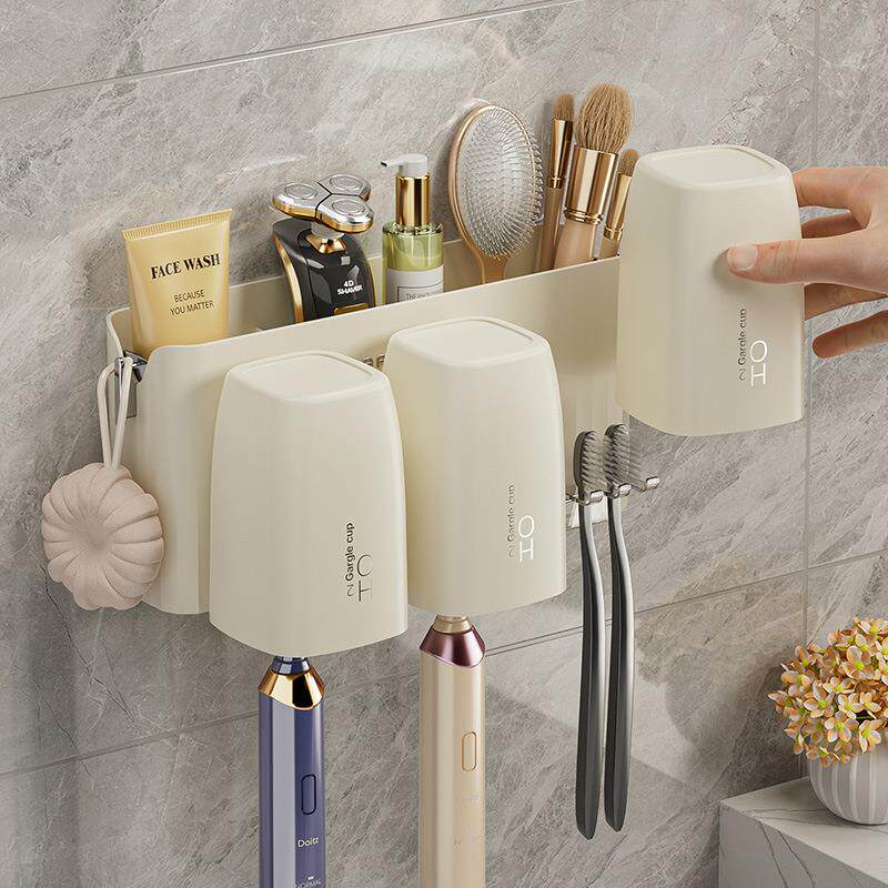奶油风牙刷置物架 免打孔宿舍卫生间漱口杯架壁挂式浴室刷牙杯架