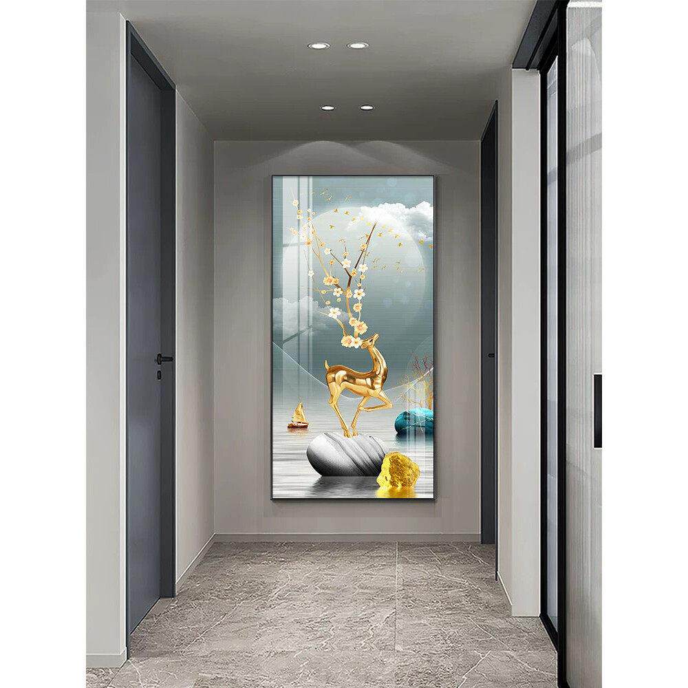 入户玄关装饰画高档福禄生花正对门走廊挂画轻奢竖版过道装饰壁画