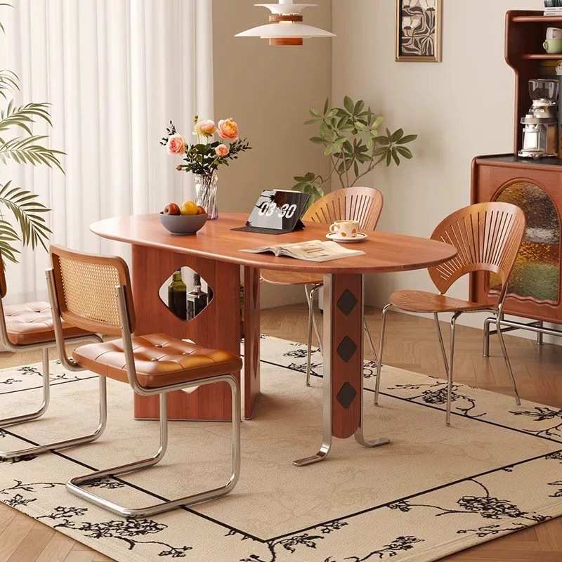 北欧法式奶油岩板古风实木餐桌餐桌椅现代简约复古小户型圆形家用