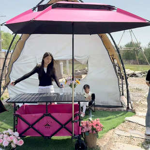 带大桌板摆摊车户外营地便携手推车露营野餐遮阳伞车折叠摆摊拉车