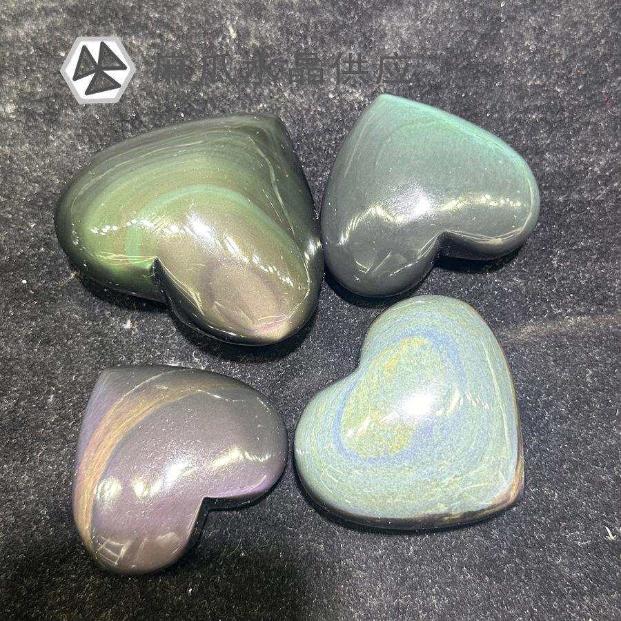 水晶天然黑曜石彩曜石爱心把玩彩虹眼心形摆件热销品