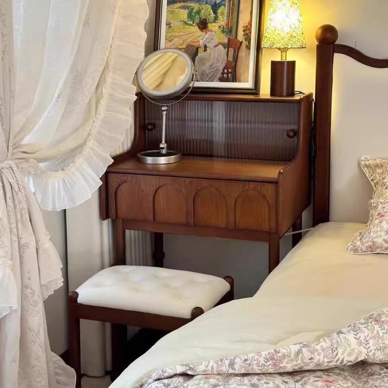 法式中古风白蜡木实木梳妆台小户型卧室迷你小型化妆台一体化妆桌