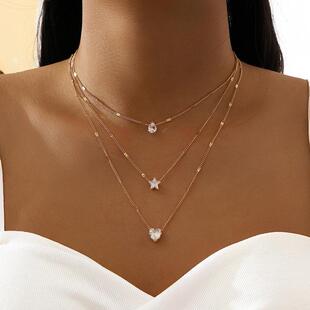 Star Set Crystal Heart Pendant Necklace Layered Zircon Charm
