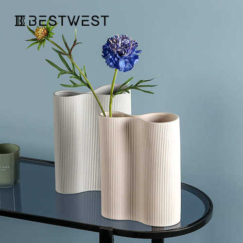 Best west 藕粉色条纹陶瓷花瓶摆件 家居玄关软装桌面装饰品花器