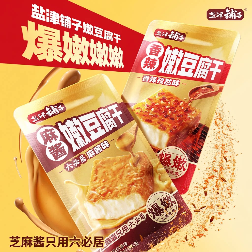 盐津铺子六必居麻酱嫩豆腐干香辣即食豆腐干休闲零食解馋小零食