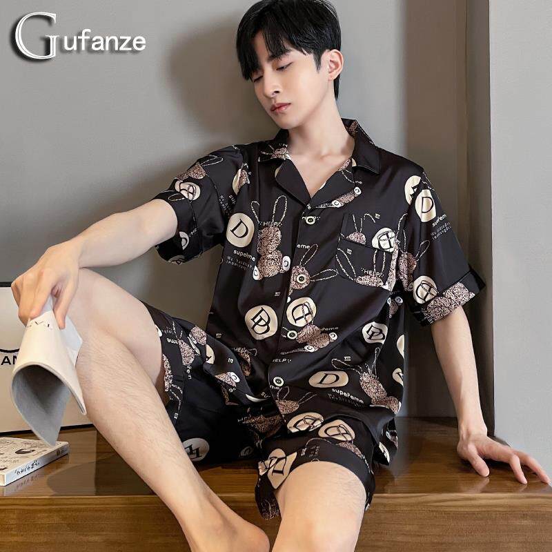 新款男士睡衣夏款男款夏季丝绸冰丝男生短袖短裤青少年薄款家居服