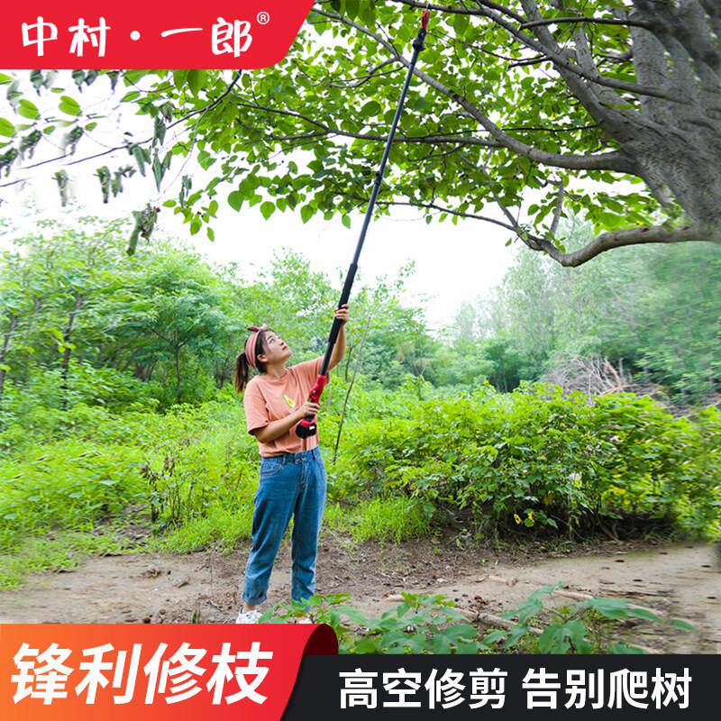 中村一郎电动高枝剪充电式省力园林伸缩高枝杆加长修剪树枝高空剪