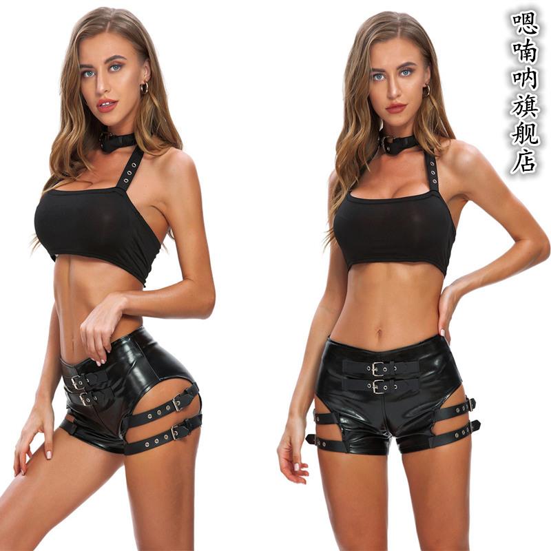 欧洲网红侧镂空性感中腰弹力热裤夜店酒吧女DJ爵士舞黑色皮短裤