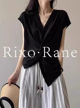 法国Rixo Rane不规则黑色v领扭结无袖衬衫背心女夏季小飞袖上衣