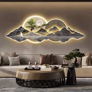 饰画仛寂风新款 轻奢客厅装 山水壁画沙发背景墙挂画高级感壁灯发光