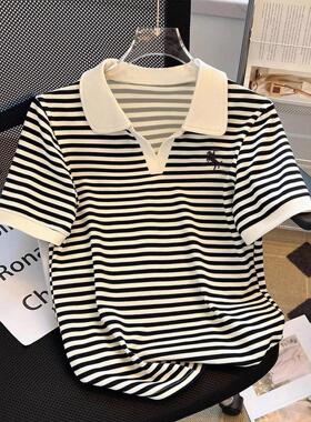 Women's Summer Casual Striped Polo Neck Short Sleeve T-Shirt