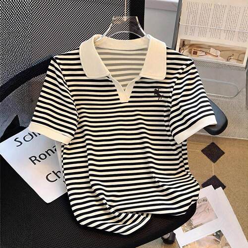 Women's Summer Casual Striped Polo Neck Short Sleeve T-Shirt