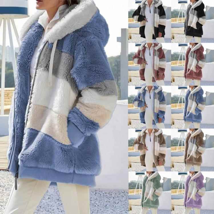women for coat loose hooded pocket zipper patchwork plush