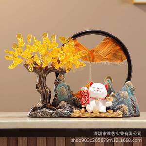 发财树招财猫创意文创摆件客厅酒柜装饰品流沙招财树脂工艺品