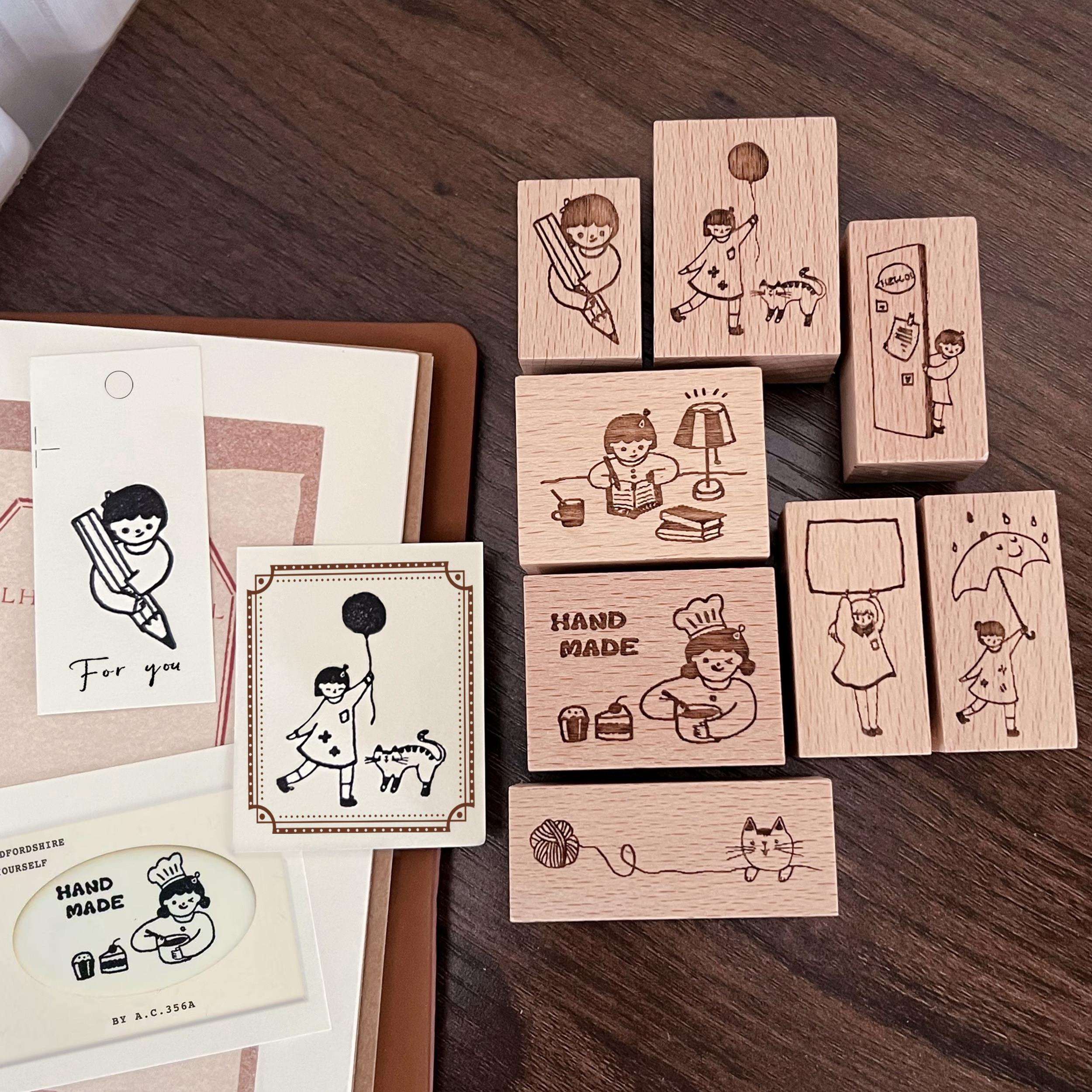 复古手帐印章木质文艺可爱人物图案印章盐系手作百搭装饰手账印章