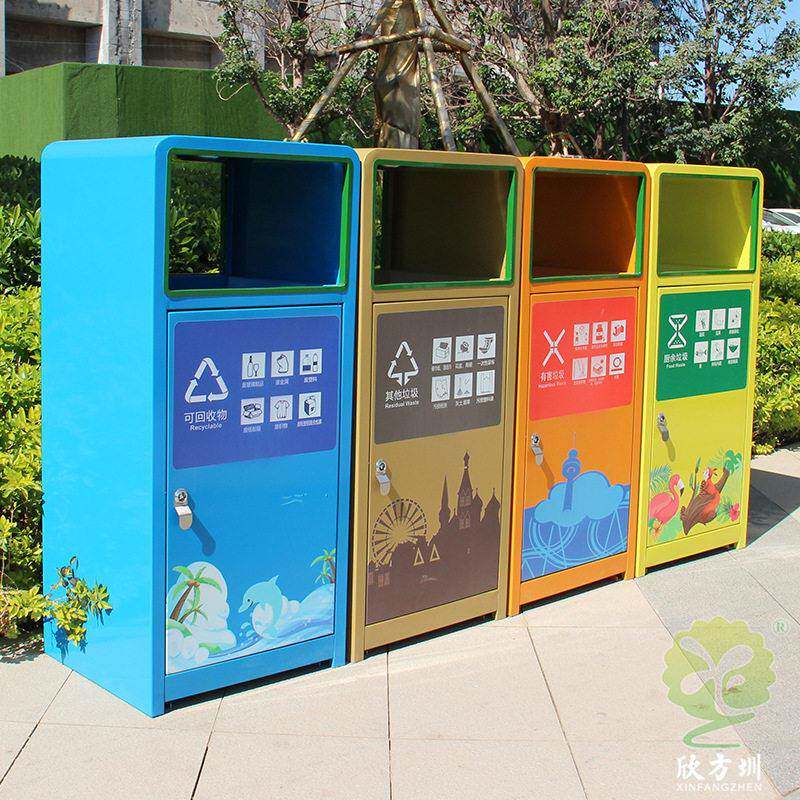 户外园林景观公园UV打印喷粉不锈钢分类垃圾桶组合式方形果皮箱
