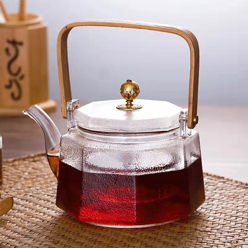 高硼硅玻璃锤纹八角提梁壶过滤内胆煮茶泡茶壶日式茶具轻奢复古