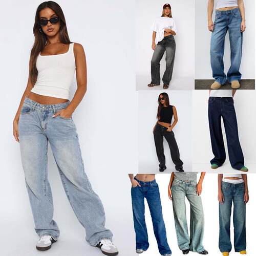 Womens Blue Wash Boyfriend Wide Leg Jeans - Vintage Style -