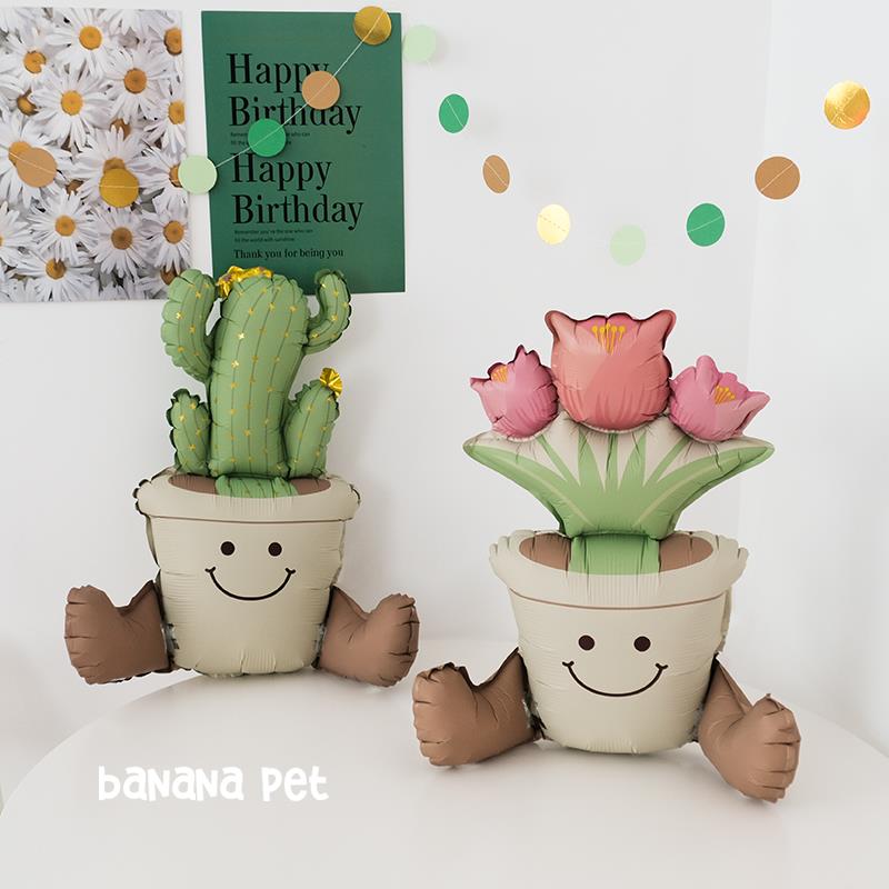 宠物猫咪狗狗卡通仙人掌盆栽气球派对生日装饰拍照道具哑光铝膜款