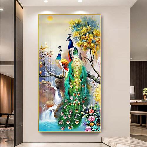 客厅入户门玄关装饰画过道走廊壁画中式孔雀凤凰晶瓷镶钻竖版挂画