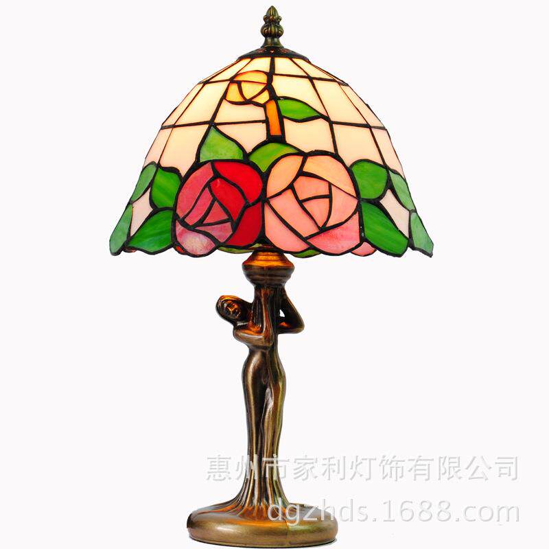 厂家直供彩色玻璃台灯别墅装饰台灯灯具浪漫粉红玫瑰台灯婚庆版
