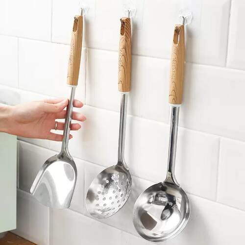 Stainless Steel Cooking Utensils Set with Wooden-Style Handl