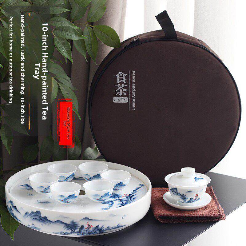 手绘青花茶盘套装家用茶船便携旅行功夫茶具潮汕湿泡台储水陶瓷圆