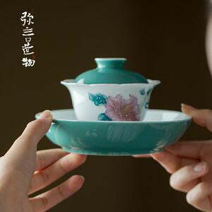 弥言手绘芙蓉花陶瓷壶承高颜值干泡盘家用圆形茶台茶道零配件果盘