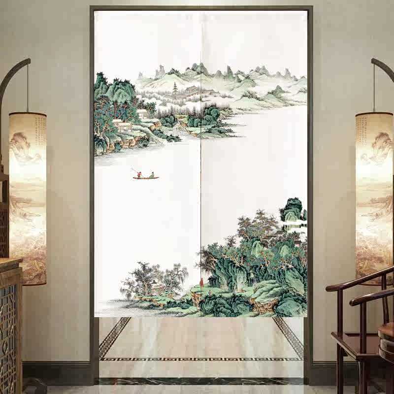 中式山水画布艺门帘茶室装饰帘卫生间隔断帘厕所遮挡帘免打孔挂帘图片