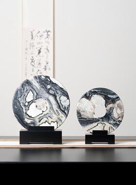新中式天然纹理大理石同心圆玉扣高档摆件样板间客厅书房桌面装饰