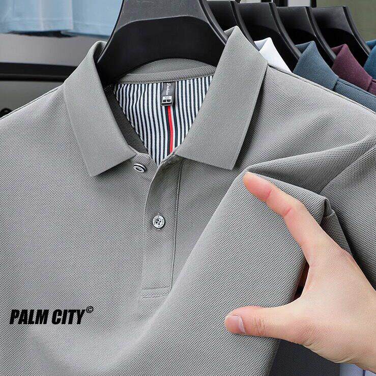 PALM CITY纯棉翻领polo衫男下摆开叉短袖T恤休闲宽松半袖刺绣上衣