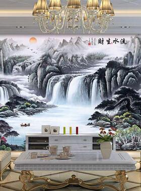 定制电视背景墙壁布客厅3d立体流水生财办公室墙纸山水风景画自粘