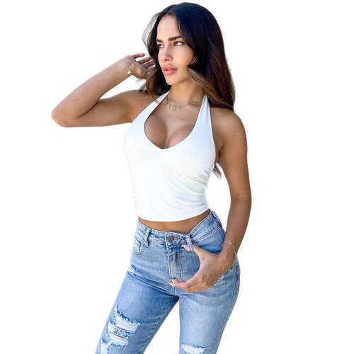Solid Color Hanging Neck Crop Tank Top Casual Sleeveless