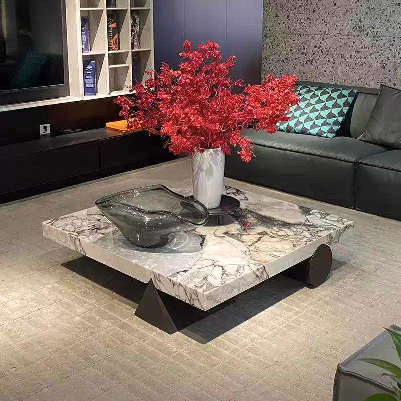意式极简客厅设计师不锈钢正方形平板茶几设计大象白大理石盒子茶