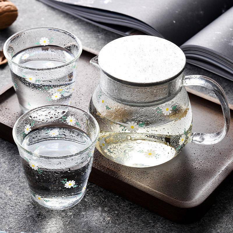 小清新菊花玻璃水具家用透明玻璃水杯办公室餐厅杯子水壶组合套装