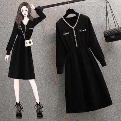 香港秋冬大尺码遮肚小香风毛衣针织内搭洋装女收腰显瘦小黑裙内搭